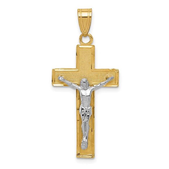14k Two Tone Gold Diamond-cut Crucifix Cross Pendant 16 x 36mm